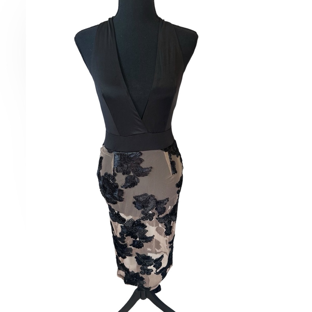 Luxxel Seduced Dress with Halter Top Bodysuit and‎ Sheer Floral Attached Skirt
